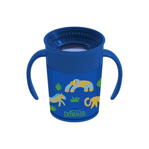 Dr. Brown’s Milestones Cheers 360 Cup Spoutless Transition Cup with Handles for Easy Grip and Leak-Free Learning, Blue Safari, 7 oz/200 mL