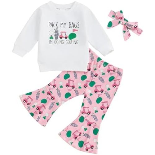 Toddler Baby Girl Golf Outfits I'm Going Golfing Letter Sweatshirt/Romper Flare Pants Headband 3Pcs Golf Baby Set