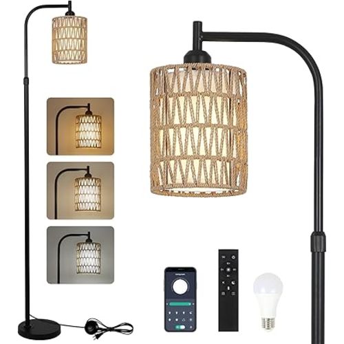 Floor Lamp with Remote, Dimmable Rattan Floor Lamp with LED Bulb, Industrial Black Tall Pole Lamp with Rattan & Fabric Shades, Boho Farmhouse Standing Lamps for Living Room Bedroom Office