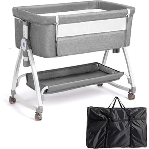 JOYMOR 3 in 1 Baby Bassinet, Bedside Bassinet for Baby, with Comfy Mattress and Wheels, 6 Height Adjustable Easy Folding Portable Bedside Crib for Newborn (Gray)