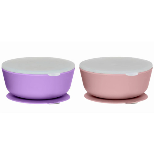Silicone Suction Bowls With Premium Hard Plastic Lids Matte Pink & Purple