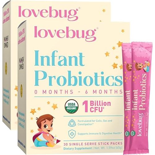 Lovebug Infant Probiotics 0-6 Months - USDA Organic Probiotics for Babies, Supports Baby Gas, Colic, Reflux, Diarrhea and Newborn Constipation Relief, Allergen & Sugar Free, Tasteless Powder, 30 Pack