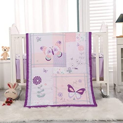 Wowelife Butterfly Crib Bedding Set Girl, Baby Girl Nursery Bedding Set, Premium Purple Crib Bed Set Lightwight for All Season with Quilted Comforter, Crib Fitted Sheet and Bed Skirt, Purple