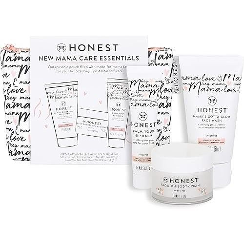 The Honest Company New Mama Care Essentials Gift Set | Hospital Bag Must Haves | Travel Size Nip Balm (0.5 oz), Glow On Body Cream (1 oz), Gotta Glow Face Wash (1.75 fl oz), Reusable Pouch