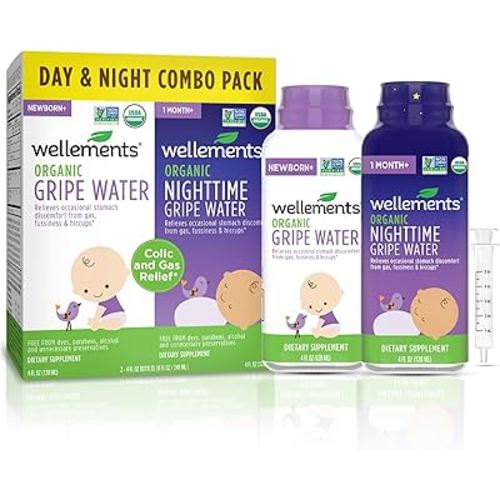 Wellements Organic Gripe Water for Babies Day & Night Combo Pack (4 Fl Oz) - Infant Gripe Water Newborn Calms Occasional Stomach Discomfort from Baby Gas, Colic, Hiccups & Fussiness - USDA Certified