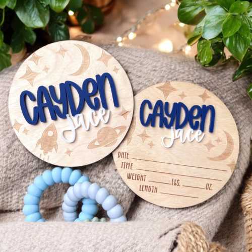 Baby Announcement Sign, Birth Announcement Round, Stat Sign, Personalized Baby Name Sign, Space, Rocket, Moon, Stars, Baby Room Decor
