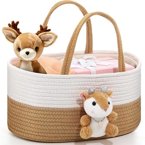 Cute Deer Diaper Caddy Organizer Cotton Rope Woodland Nursery Storage Bin Basket Baby Shower Basket Gift Portable Holder Tote Bag with Handle for Changing Table Car Travel(L)