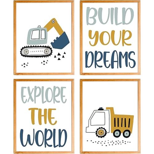 Construction Decor for Boys Room,Toddler Boy Room Decor,Toddler Room Decor for Boys,Cartoon Excavator Truck Wall Decor Poster Prints for Boy Room,Boy Nursery Decor Set of 4 8x10 Inches Unframed