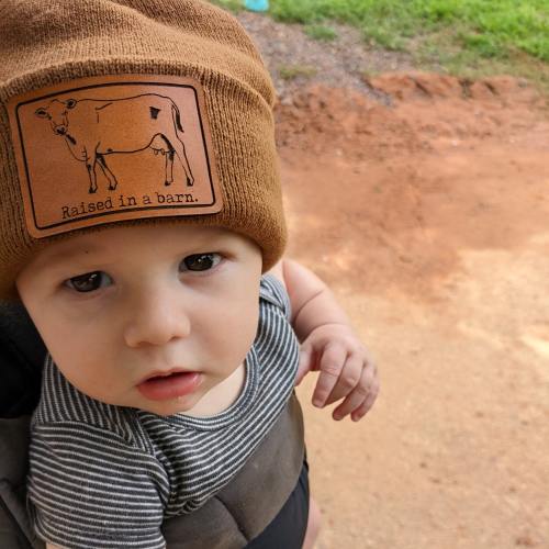 Kids' 'Raised in a Barn' Cow Barn Life Beanie - Soft, One Size, Vegan Leather Patch, Original Artwork, Country Life Farm Kid Farm Life Hat