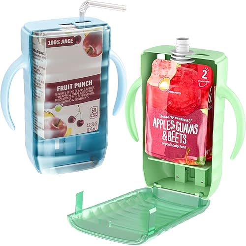 AJT 2 Pack Pouch Holder No Squeeze - Adjustable Slider Holder for Food Pouches & Juice Boxes, Spill Proof Push-Open Design & Easy Grip Handle For Baby Self-Feeding(Blue & Green)