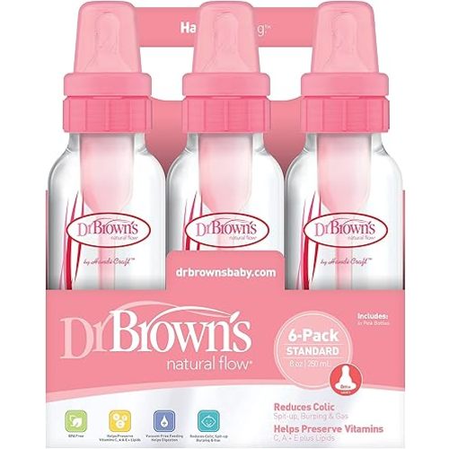 Dr. Brown's Natural Flow Anti-Colic Baby Bottles - Pink - 8oz - 6pk
