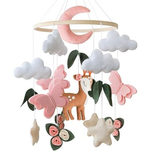 Baby Crib Mobile with Fawn, Pink Moon, Butterfly & Cloud Felt Nursery Mobile Decoration for Christmas Girls Bassinet Cot Baby Shower Gift
