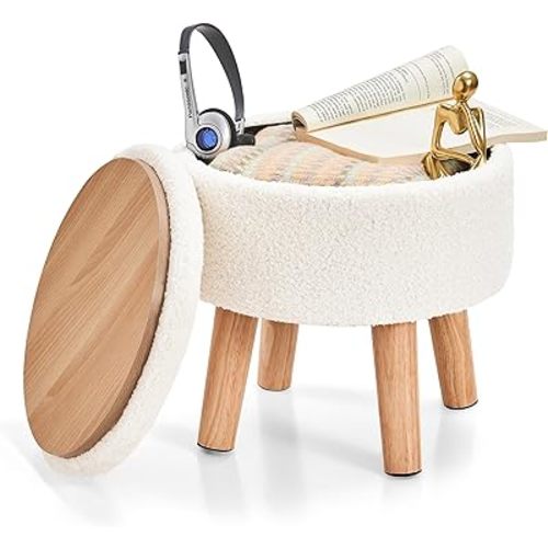 Poofzy Ottoman with Storage, Small Foot Stool Ottoman with Wood Legs, Teddy Velvet Foot Rest for Couch, Living Room and Bedroom - White