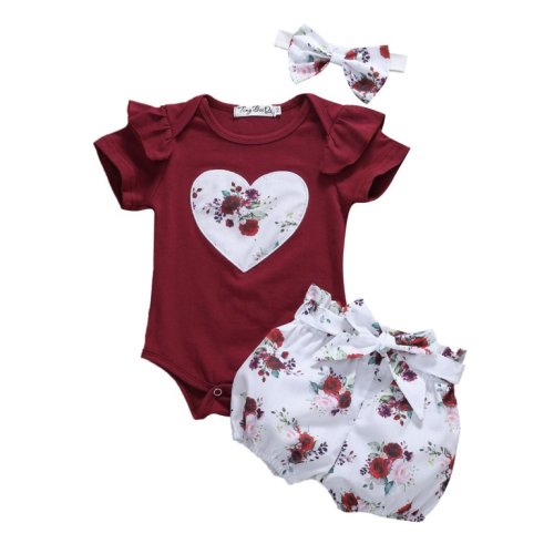 Emmababy Newborn Baby Girls Kid Clothes Romper Jumpsuit Tops + Flowers Shorts + Headband 3PCS Outfits Set
