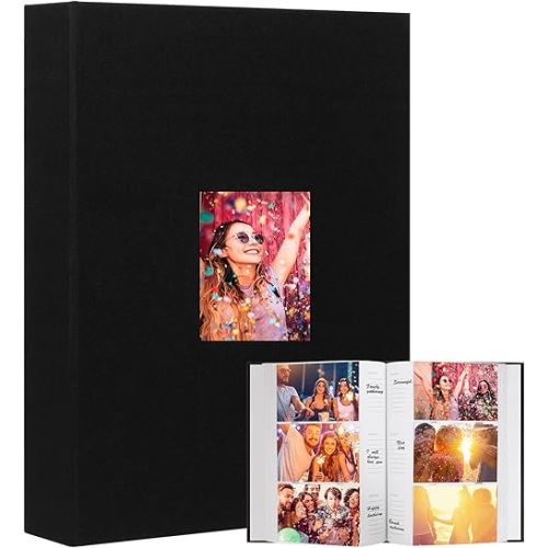 Photo Album 4x6 360 Photos with Writing Space Leather Cover with Front Window, Picture Album 360 Photos Photo Album Book for Wedding Kids Travel Family Baby Pictures (Black)