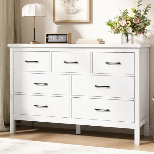 Tradare White Dresser for Bedroom with 7 Drawer,Wooden Double Dresser with Metal Handles, Wide Chest of Organizer Storage Drawers for Living Room, Hallway, Entryway