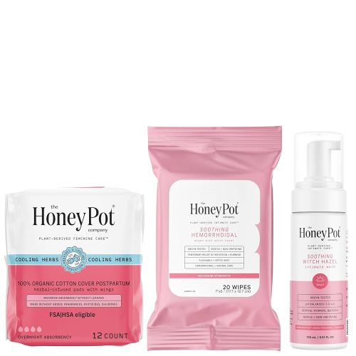 The Honey Pot Company - Postpartum Pads, Wash, & Wipe Bundle - Postpartum Essentials - 12ct Pads, Witch Hazel Feminine Wash, 20ct Witch Hazel Feminine & Hemorrhoid Wipes