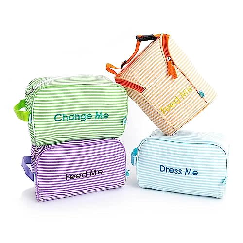 Easy Baby - Diaper, Bottle, and Supplies - Organizer Pouches - Change, Feed, and Dress Me (4 Pack Seersucker) | Organizing Packing Tote Cubes for Baby Items | Good for Travel and Keeping Organized