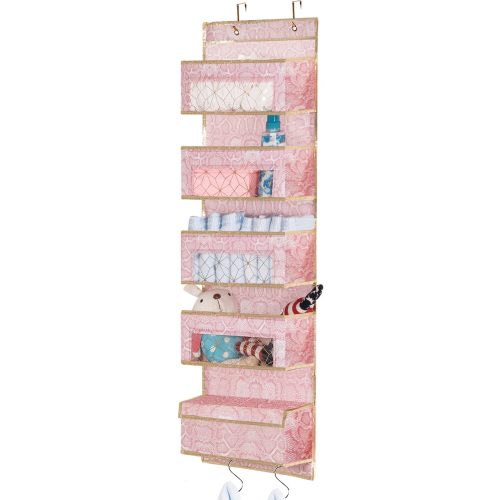 Over Door Hanging Organizer - Closet Door Storage Organizer 5 Large Pockets, Clear Window Pocket, 4 Metal Hooks for Baby Nursery Bedroom Pantry Bathroom (Pink)