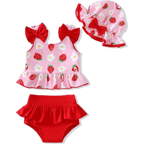 Mioglrie Baby Infant Swimsuit Girl Toddler Bathing Suit Girl Summer Beach Bikini Tankini Swimwear Hat 3-24 Months 2t-5t