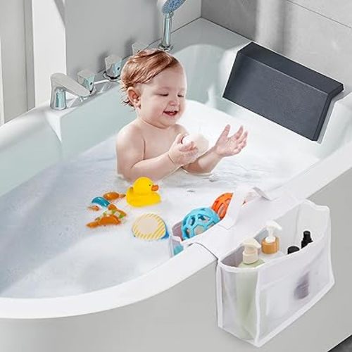 Saddle Shape Bath Toy Organizer, 2 Compartments Wide Opening Bathtub Toy Holder for Tub, Bath Toy Storage Organizer for Tub, Easy Access for Children, Mesh Shower Toy Holder