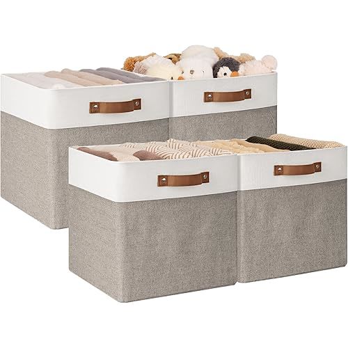 StorageWorks 13x13 Inches Storage Cube, Fabric Storage Bins with PU Handles, Collapsible Organizer Baskets for Closet, Brown and White, 4-Pack