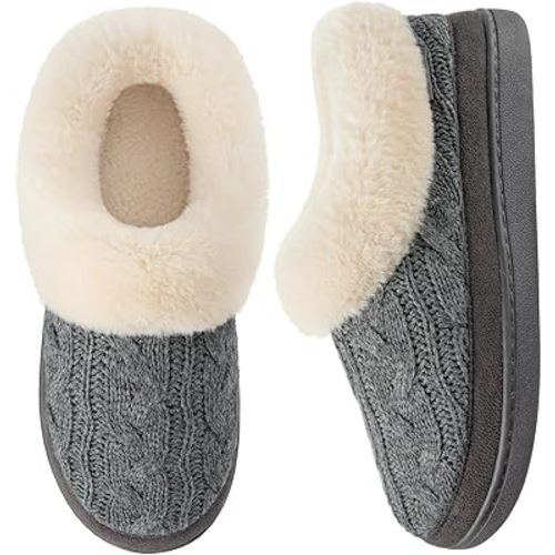 HomeTop Women's Knitted Clog Slippers Comfy Warm Memory Foam Non-slip Indoor House Shoes with Fuzzy Collar