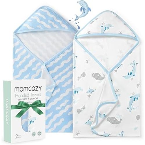 Momcozy Baby Towel with Hooded-Original Design Baby Towel Set -Soft & Absorbent- Shower Gifts or Bath Essential for Infant, Newborn, Toddler, Marine Sea Whale Seal Waves Magic