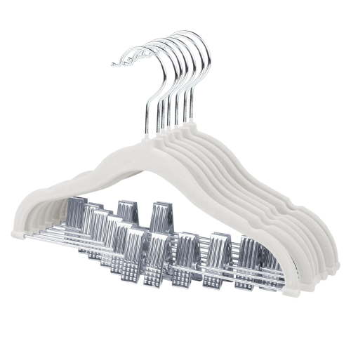 B 11.8'' Baby Velvet Hangers with Movable Clips, Non-Slip Kids Clothes Hangers, Ultra-Thin Space-Saving Children's Felt Hangers for Shirts, Pants, Dresses, Skirts, Jackets (10 Pack, White)