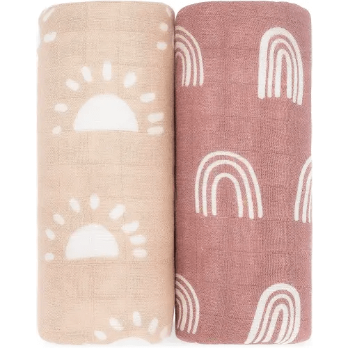 Comfy Cubs Muslin Swaddle Blankets Pack of 2, 47 x 47 Inch Soft Cotton Baby Blanket Set, Large Multipurpose Wraps for Newborns - Self-Soothing Swaddles for Newborns - Sun & Rainbow