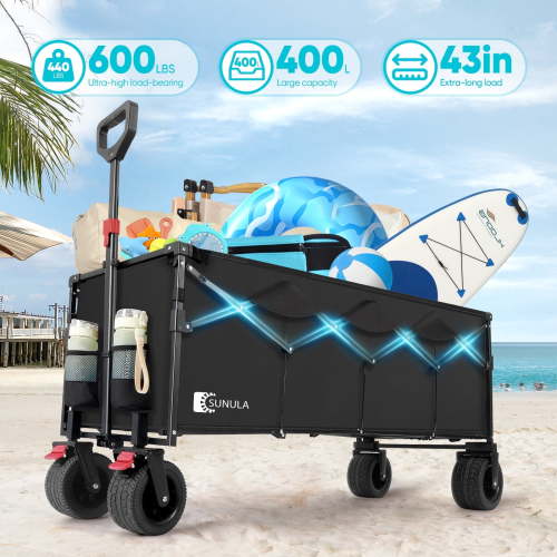 Sekey 600LBS Beach Collapsible Wagon 43"L Extended 400L Foldable Wagon Cart with All-Terrain Wheels, Folding Large Capacity Heavy Duty Utility Grocery Cart for Garden, Camping, Sport, Outdoor, Black