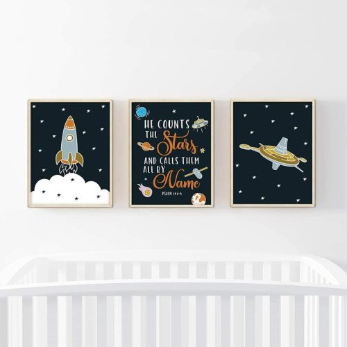 Zoomie Kids Winkleman Outerspace Theme, Spaceship, He Counts the Stars, Sun 3-Piece Set Paper Print | Wayfair