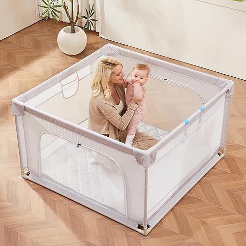 Baby Playpen, 45x45 Portable Play Yard for Toddlers & Kids, Includes Mat, Soft Mesh Fence with Zipper Gates, Indoor/Outdoor, Anti-Fall, Grey