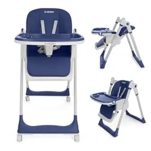 Cochildor 3-in-1 Foldable High Chair for Babies & Toddlers – Adjustable Height, Reclining Seat, 5-Point Safety Harness, Removable Tray, Lockable Wheels, Washable Cushion – Portable & Easy Clean, Blue