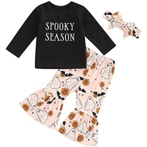 Hnyenmcko Baby Girl Halloween Clothes Set Long Sleeve Letter Tops Pumpkin Bell-Bottoms Pants with Headband 3Pcs Fall Outfits