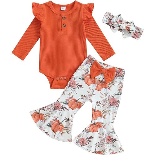 Kuriozud Newborn Baby Girl Bell Bottom Outfit Ruffle Romper (3-6 months)