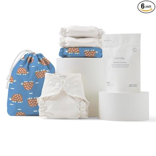 Esembly Try-It Kit - Cloth Diaper Starter Set with Organic Cotton Diapers, Waterproof Diaper Cover, Wet Bag, and Laundry Detergent - Turtle, Size 1 (7-18lbs)