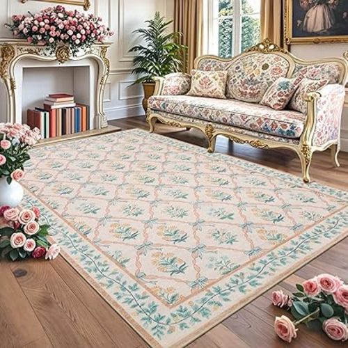 8x10 Rugs for Living Room, Pink Washable Area Rug for Bedroom Girl with Coquette Bow Floral Pattern Non Slip Low-Pile Stain Resistant Large Throw Carpet for Dining Room Dorm Nursery, Pink