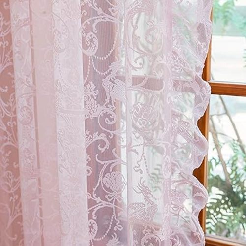 TUDECO Light Pink Lace Curtains 84 Inches Long - Coquette Romantic Floral Spring Sheer Pink Ruffle for Bedroom Set of 2, Shabby Chic Privacy Princess CuteCore Room Decor, 59 x 84 Inch