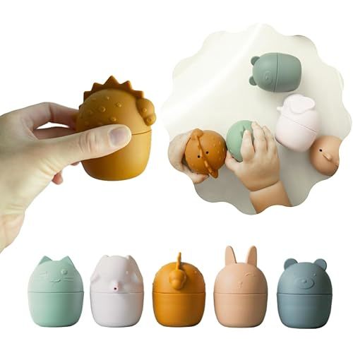 Silicone Bath Toys: Set of Five Collapsible Animals, Dishwasher Safe, Food-Grade Silicone, Cute Neutral-Colored Pool Toys