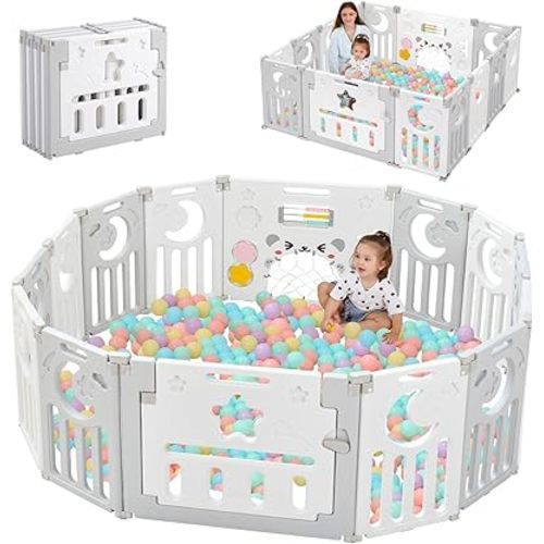 Baby Playpen, Dripex Foldable Playpen for Babies and Toddlers, Custom Shape Baby Fence, Safety Play Yard with Gate, Portable Play Area for Indoor or Outdoor, Light Grey White,14 Panel