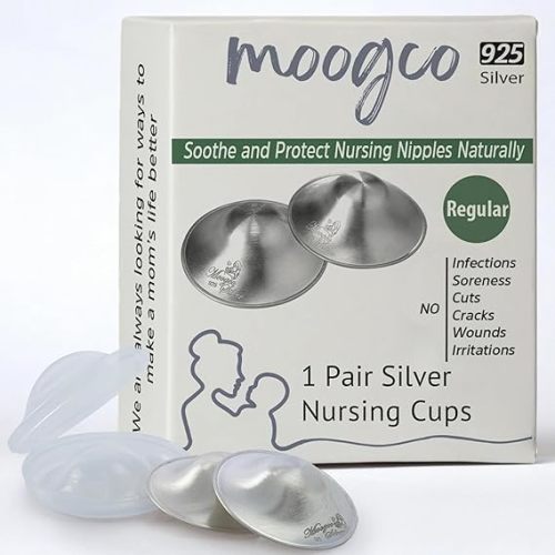 MOOGCO The Original Silver Nursing Cups - 925k Silver Nipple Cups - Nipple Shields for Breastfeeding Newborn – Protective Silver Nipple Covers for Nursing Moms (925k Regular)