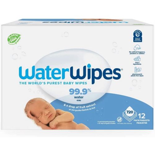 WaterWipes Plastic-Free Original Baby Wipes, 99.9% Water Based Wipes, Unscented & Hypoallergenic for Sensitive Skin, 720 Count (1