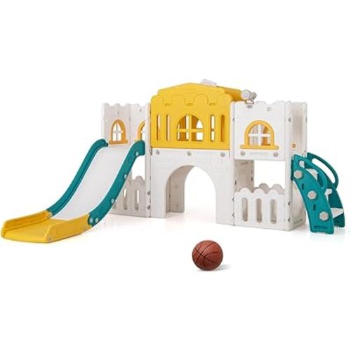 Costzon 8 in 1 Toddle Slide Playset, Freestanding Kids Slide w/Tunnel, Basketball Hoop, Toddler Climber Slide Playset Indoor Playground for Kids 1-3 w/Storage Space, Gifts for Boys Girls (Yellow)