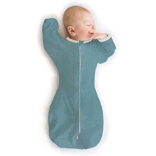 SwaddleDesigns Transitional Swaddle Sack with Arms Up Half-Length Sleeves and Mitten Cuffs, Small, 0-3 Months, 6-14 lbs, Heathered Teal (Arms Up Swaddle, Transition Swaddle Sleep Sack)