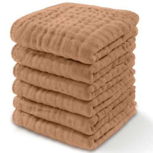 Baby Washcloths Muslin Cotton, Large 10”x10” By Comfy Cubs (sand, Pack Of 6)