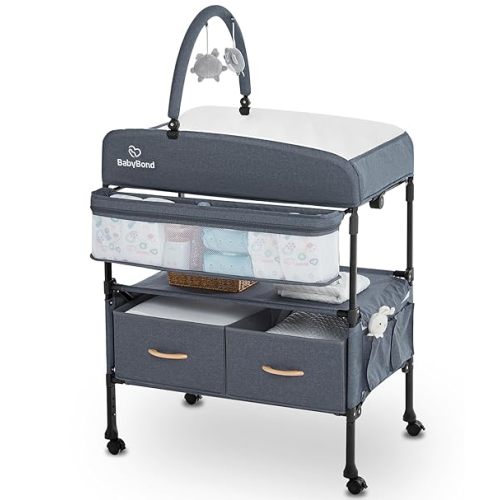 Portable Baby Changing Table with 2 Storage Baskets, BabyBond Foldable Changing Table Dresser Waterproof Diaper Changing Table Height Adjustable Changing Station for Infant and Newborn(Grey)