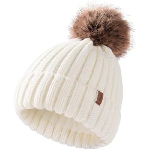 FURTALK Kids Winter Hat Toddler Knitted Pom Beanie Hat Cotton Lined Faux Fur Pom Pom Cap Baby Girls Boys Beanies