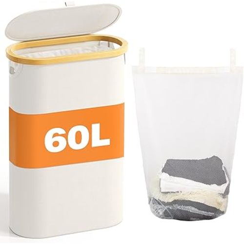 Slim Laundry Hamper with Lid 60L, Dirty clothes Hamper for Laundry Basket Collapsible, Thin Laundry Hamper with Removable Bag & Bamboo Handles, Narrow Laundry Hamper for Small Space, Beige