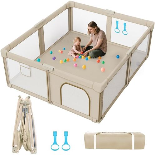 Foldable Baby Playpen: 79” x 71” Super Large Playpen for Babies and Toddlers - Portable Play Pen for Babies with Breathable Mesh & 2 Pulling Handle - Baby Play Yard for Outdoor & Indoor